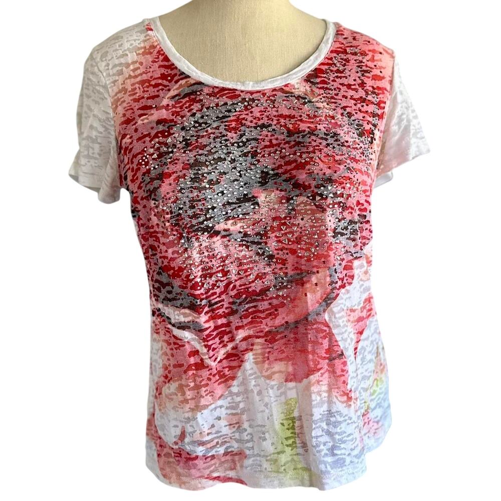Womens Shirt Size Medium Sheer Red White Rose Floral Casual Biker Indie Travel